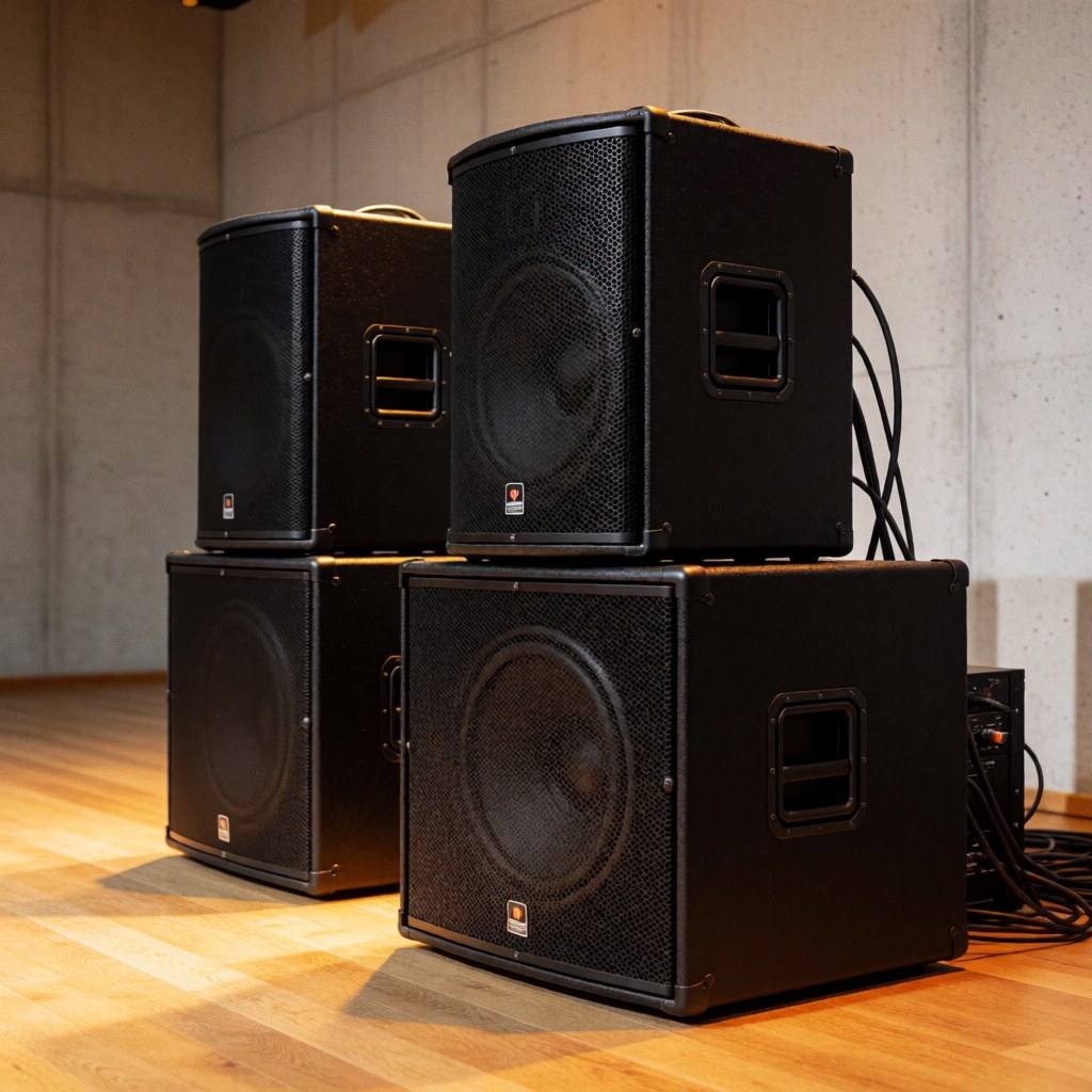 Black professional party speakers with grilles placed on a wooden floor against concrete walls with warm lighting for large events