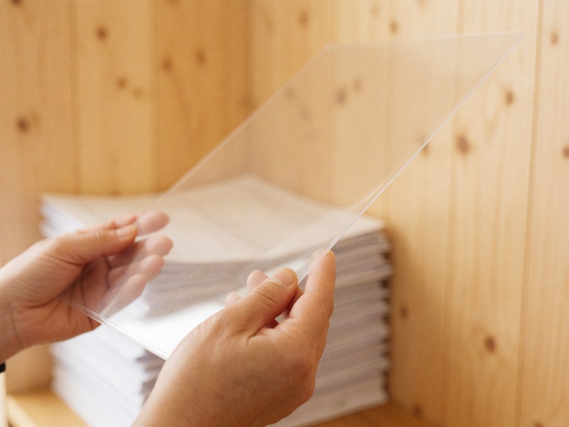 Adult hands holding a transparent plastic folder over a stack of documents against a light wood wall with warm professional lighting