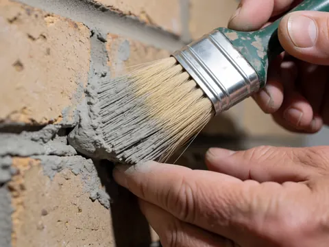 Close-up of a hand using a brush to apply gray waterproofing sealant into brick joints, highlighting the dry brick texture and tool details under direct lighting
