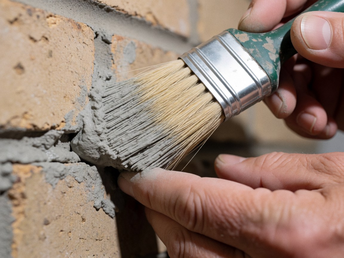 Close-up of a hand using a brush to apply gray waterproofing sealant into brick joints, highlighting the dry brick texture and tool details under direct lighting