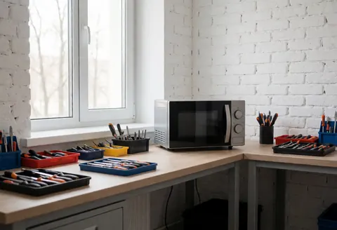 Microwave on a workbench in a repair shop with organized tools, white brick wall, and natural light from a window.
