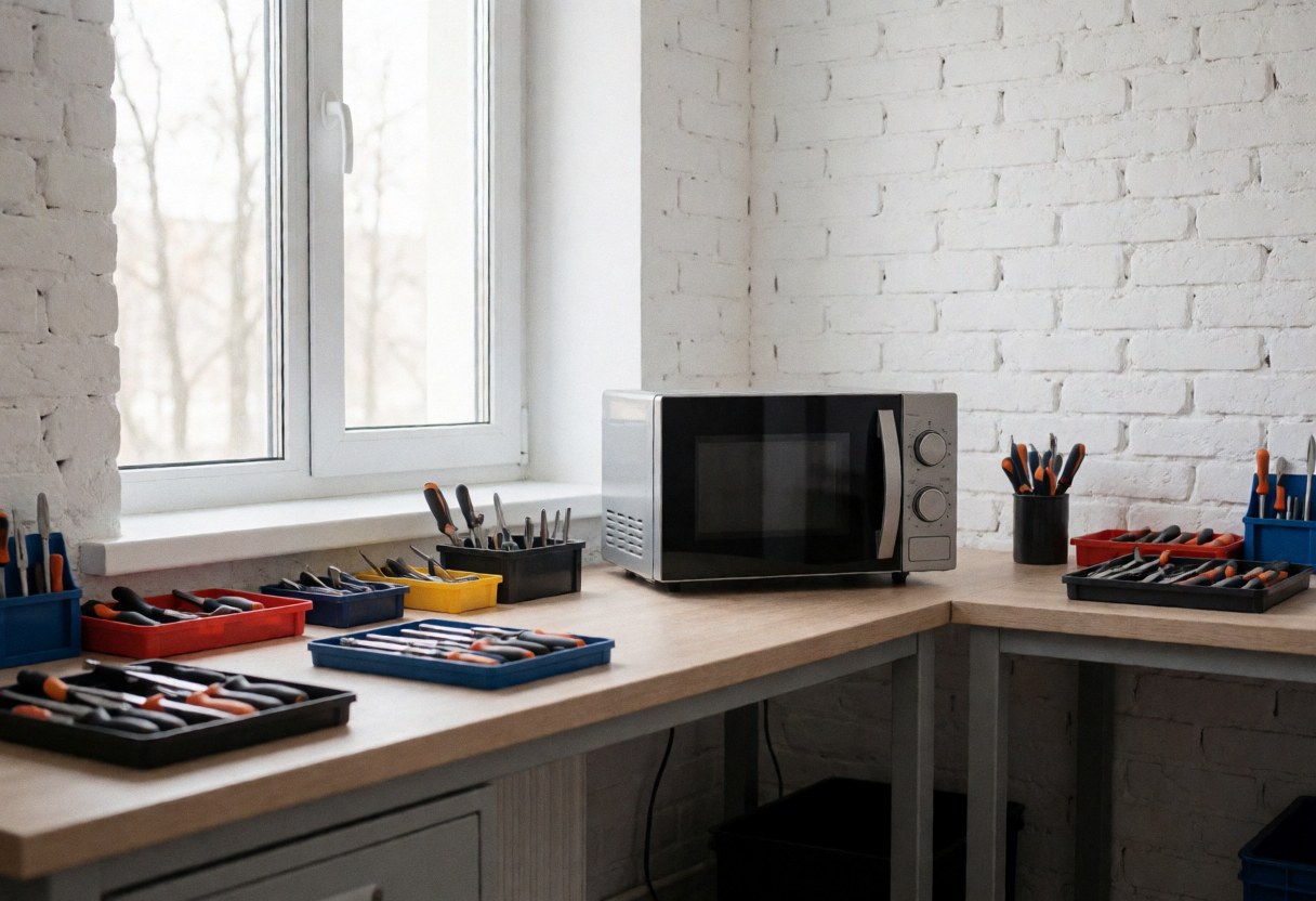 Microwave on a workbench in a repair shop with organized tools, white brick wall, and natural light from a window.