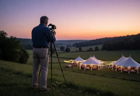 Professional photographer capturing a wedding at sunset from a hill with a tripod, valley with lit tents and purple and orange sky.