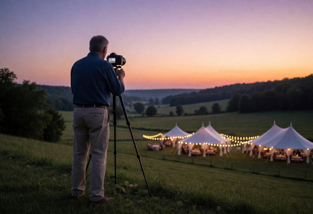 Professional photographer capturing a wedding at sunset from a hill with a tripod, valley with lit tents and purple and orange sky.