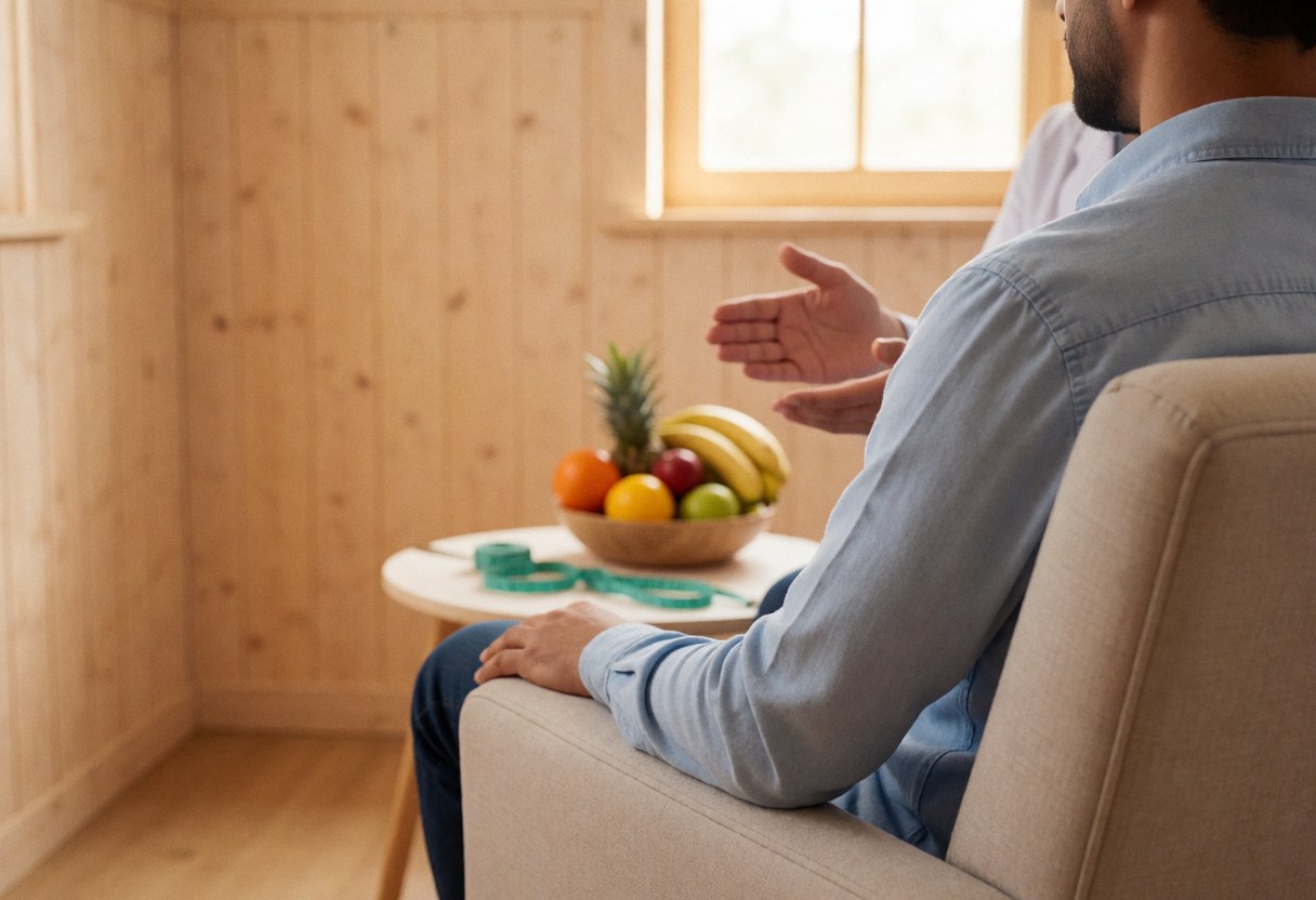 A patient sits in a comfortable chair while a therapist gestures nearby. A table with fruit and a measuring tape is visible against wooden walls with natural light.