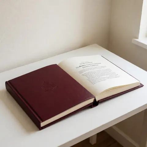 Open dark brown leather graduation book on a white table showing Spanish and English text pages with soft natural light and cream walls