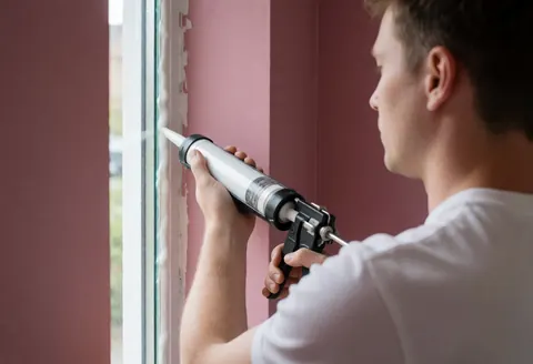 Technician applying sealant to a window frame with a pink wall in the background, viewed from behind, holding a caulking gun, natural lighting, professional work.