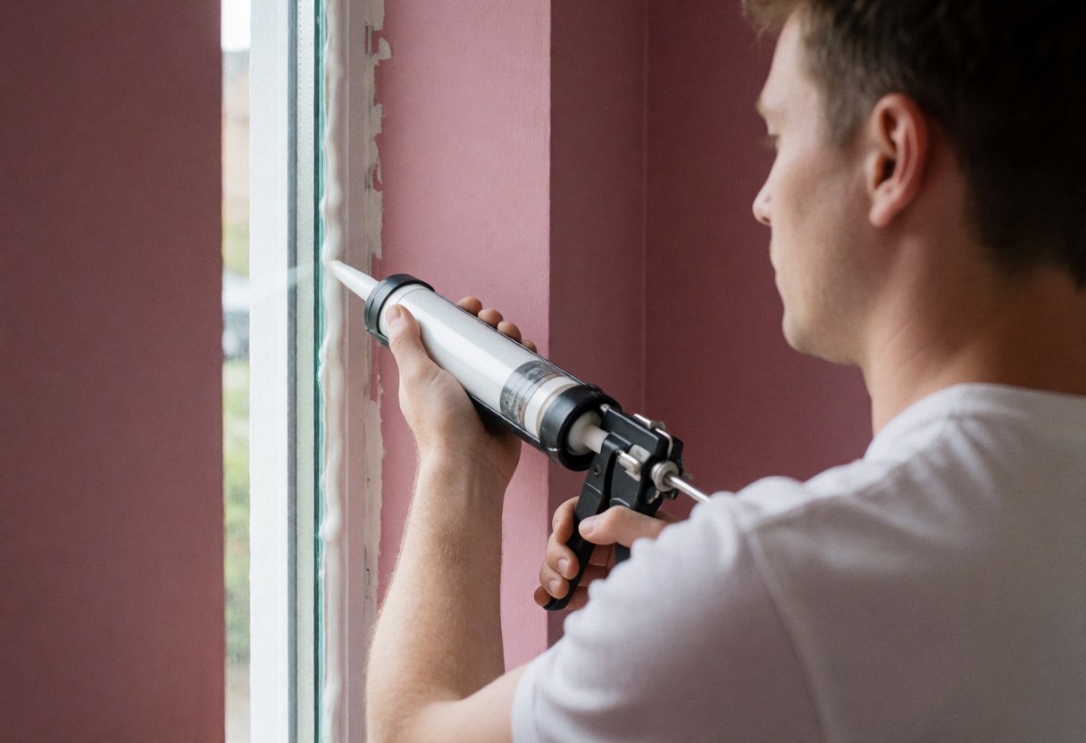 Technician applying sealant to a window frame with a pink wall in the background, viewed from behind, holding a caulking gun, natural lighting, professional work.