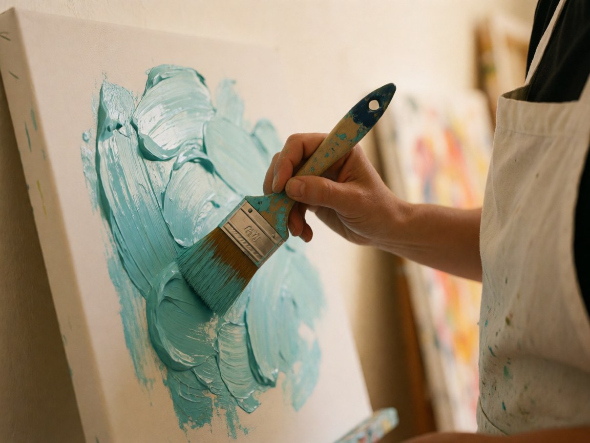 Hand applying turquoise paint to a white canvas with a flat brush against a warm blurred studio background