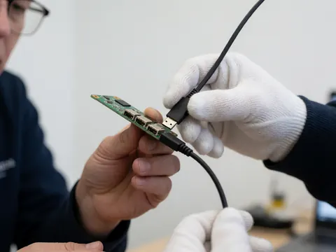Close up of a white gloved hand plugging a USB cable into a green electronic circuit board with a blurred background