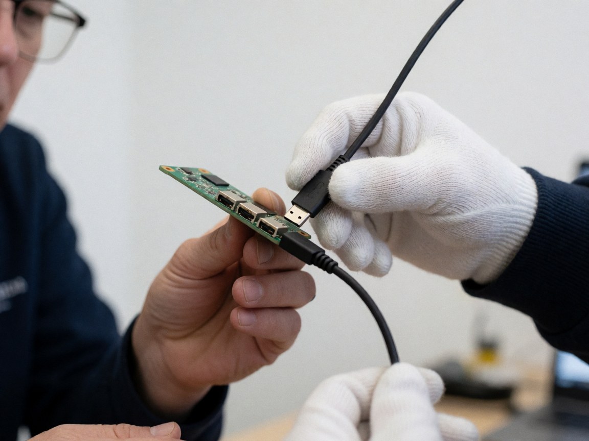 Close up of a white gloved hand plugging a USB cable into a green electronic circuit board with a blurred background