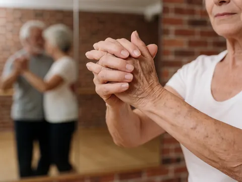 Close-up of senior hands engaged in tango, reflecting in a mirror against a brick wall, showing connection and smooth movement.