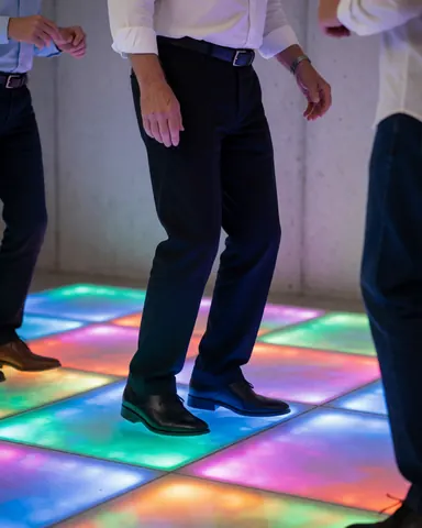 Adult feet standing on an illuminated event floor with changing LED lights and concrete walls in a vibrant professional atmosphere