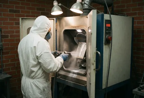 Worker in protective suit operates sandblasting machine to clean metal against red brick wall in industrial setting