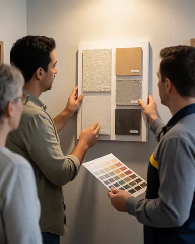 A customer and professional examine wall finish samples with a color chart in a plaster store under warm lighting