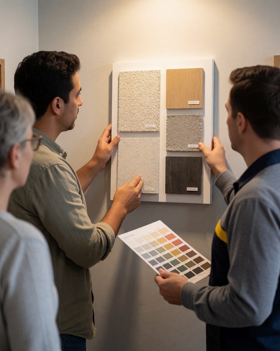 A customer and professional examine wall finish samples with a color chart in a plaster store under warm lighting