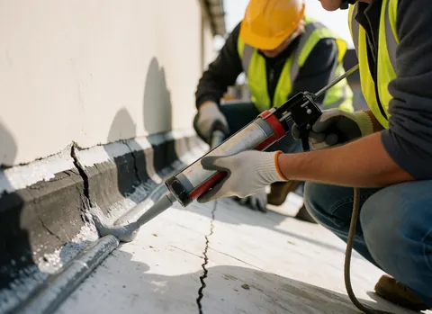 Worker in safety gear applying gray sealant to a crack in a fiberglass roof with another worker in the background