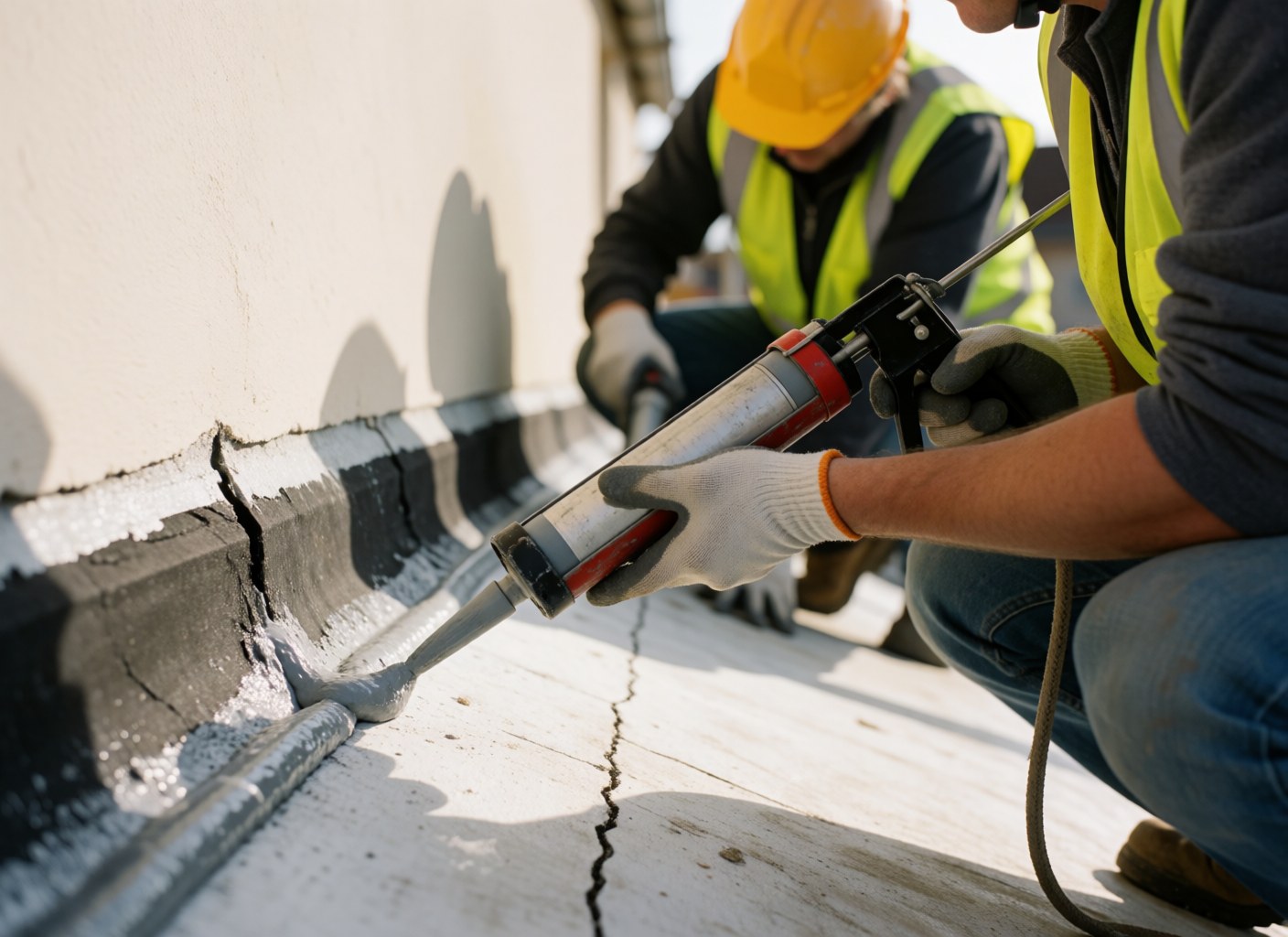 Worker in safety gear applying gray sealant to a crack in a fiberglass roof with another worker in the background