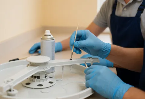 Technician wearing blue gloves cleans a dishwasher spray nozzle using a wooden stick, with compressed air can nearby and water flowing after cleaning