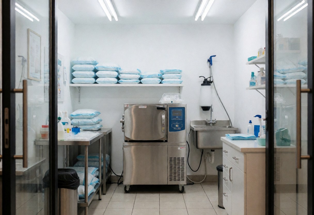 Sterilization chamber in a tattoo studio with sterilizers, sterilants, and sterile packages on shelves, clean and professional environment