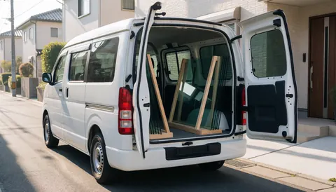 White van with open rear doors displaying large glass panes on wooden supports ready for installation on a quiet residential street
