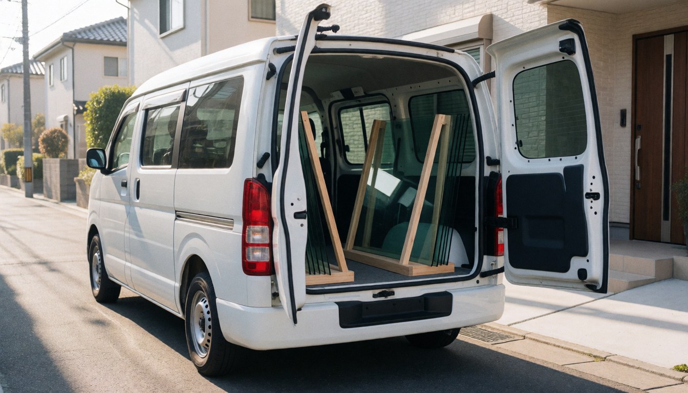 White van with open rear doors displaying large glass panes on wooden supports ready for installation on a quiet residential street