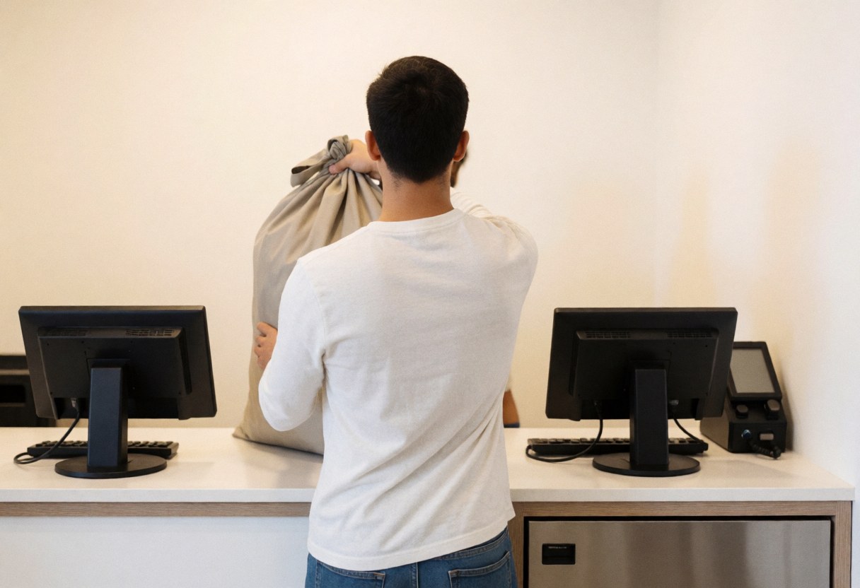 Customer places a laundry bag on the counter of a modern laundromat with computers and metal drawers.