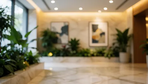Resort lobby background featuring green plants, framed art, and shiny marble floor with warm ambient lighting suitable for text overlay