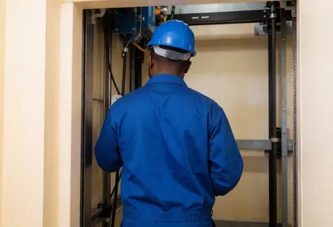 Technician in blue hard hat inspects elevator guide rails and cables in a well-lit beige shaft during professional repair work