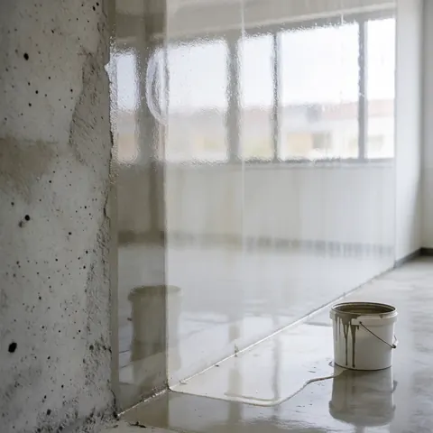 A glossy concrete wall with a reflective surface and spilled paint on the floor reflecting light and surroundings.