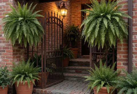 Illuminated wrought iron gate with hanging plants, stone steps, and red brick wall creating a cozy evening entrance.