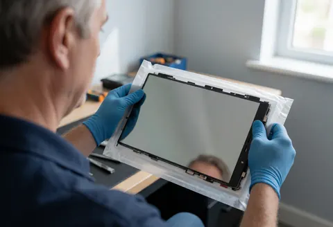 Technician holding new LCD panel in protective packaging with blue gloves in workshop with tools and natural light for TV repair services