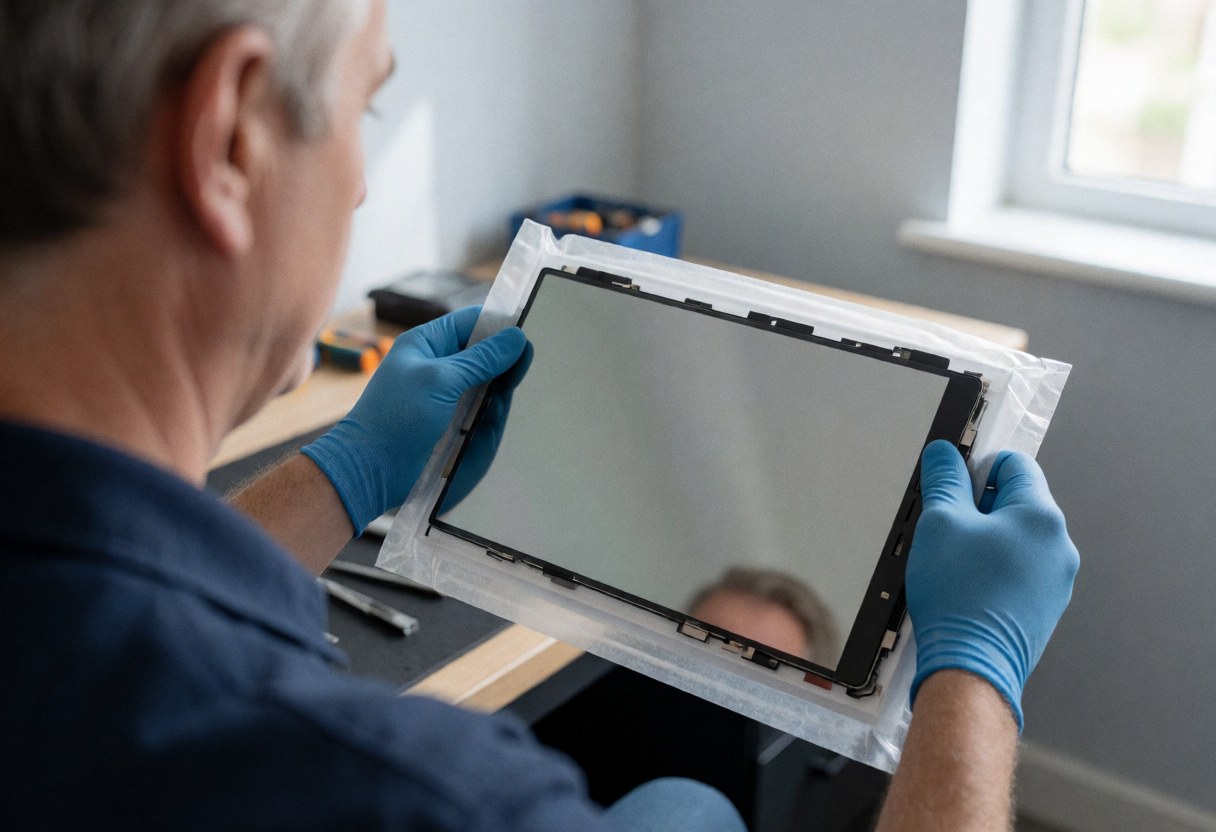 Technician holding new LCD panel in protective packaging with blue gloves in workshop with tools and natural light for TV repair services