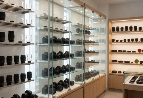 DSLR cameras and lenses arranged in glass display cases within a photography studio featuring metal shelves and light wood with soft professional lighting