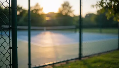 Empty tennis court at sunset with green fence, golden light, blurred background, ideal for business text