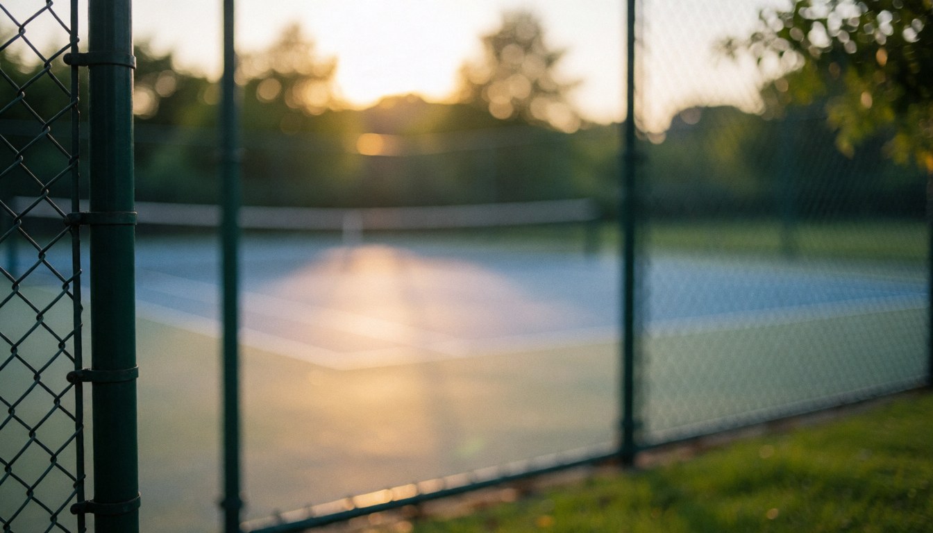 Empty tennis court at sunset with green fence, golden light, blurred background, ideal for business text