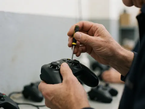 Close-up of hands using a screwdriver to adjust a black console joystick in a workshop with a blurred gray background and soft lighting