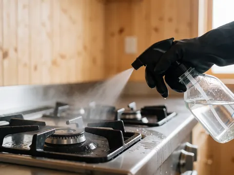 Close-up of a gloved hand spraying cleaner onto a stainless steel stove with visible droplets against a light wood wall background