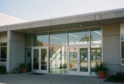 Glass doors and concrete walls of a modern educational facility entrance with potted plants under natural morning light