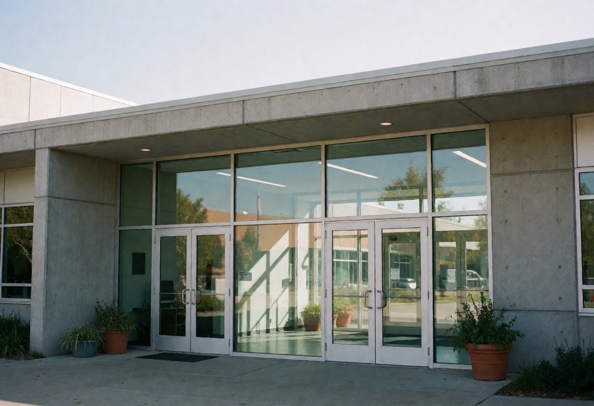 Glass doors and concrete walls of a modern educational facility entrance with potted plants under natural morning light