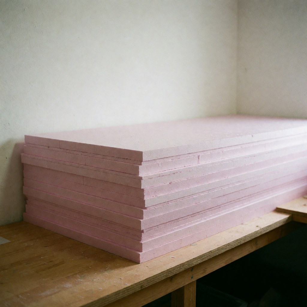 Stacks of pink thermal insulation material for foundation insulation on a wooden workbench in a warehouse with white walls