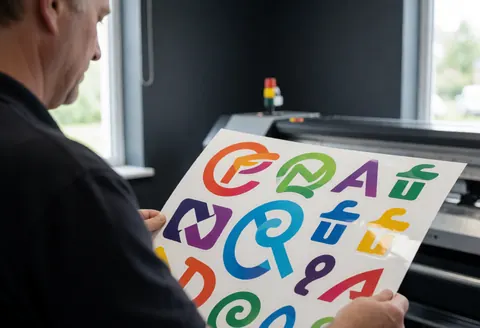 A professional inspects a sheet of vinyl with colorful logos near an industrial printer with natural light and gray walls.
