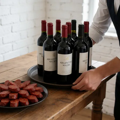 Party coordinator serving wine and chorizo on a rustic wooden table with a white brick wall.