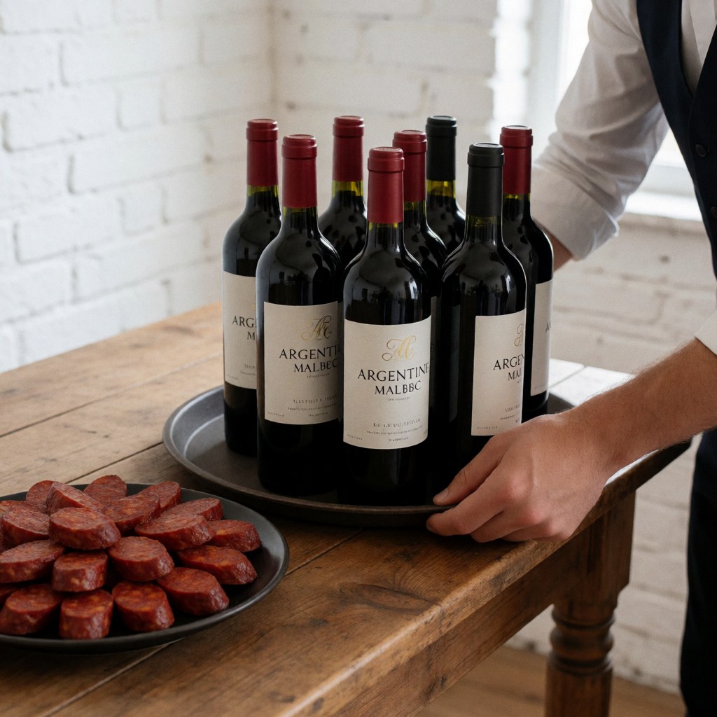Party coordinator serving wine and chorizo on a rustic wooden table with a white brick wall.