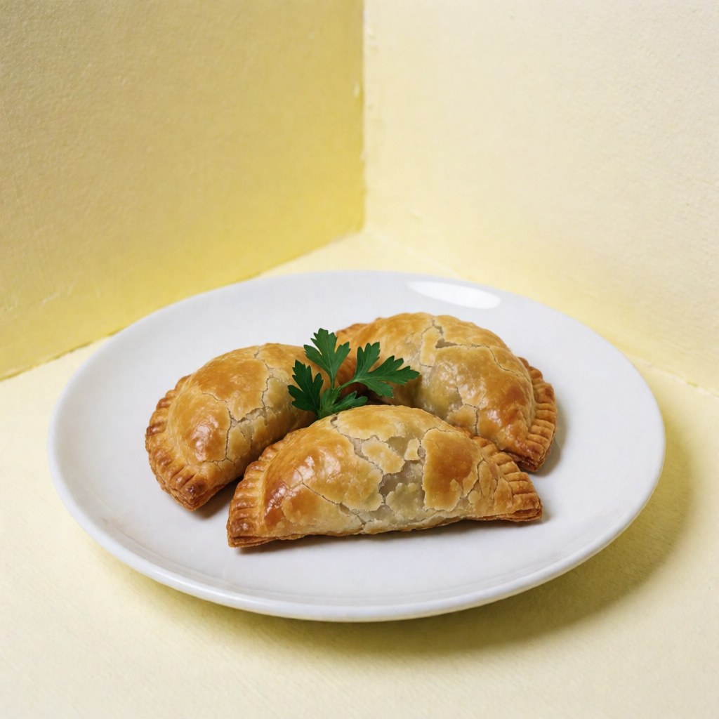 Three golden crispy empanadas served on a white plate, garnished with a sprig of fresh parsley against a yellow wall.