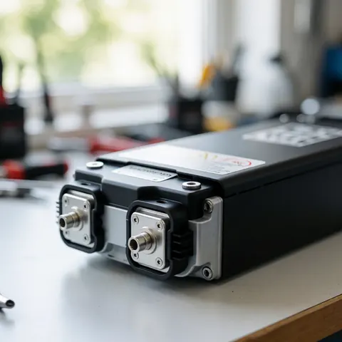 Electric scooter battery on a workbench with metal terminals and warning labels, blurred tools in background
