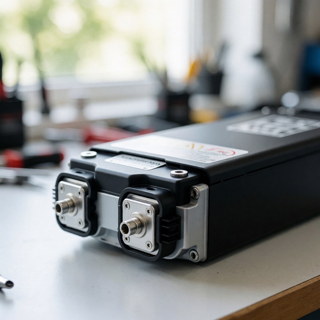 Electric scooter battery on a workbench with metal terminals and warning labels, blurred tools in background