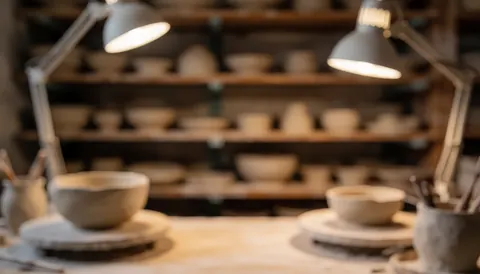 Textured background of a pottery studio featuring wooden shelves, clay bowls, and warm lighting, ideal for overlaying text.