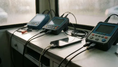 Black smartphone connected to three testing devices with cables on a work table near a window with diffused light