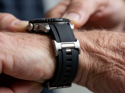 Close-up view of a sports watch strap buckle showing rubber texture and shiny metal details for technical horology display